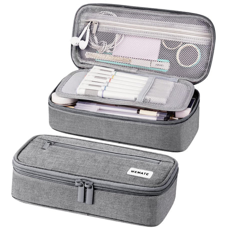 WEMATE Large Pencil Case Aesthetic,Big Capacity Canvas Pencil Pouch with Zipper, Pencil Case for Women & Men, Marker Pen Case,Portable Stationery Pencil Bag for Office Light Grey WEMATE