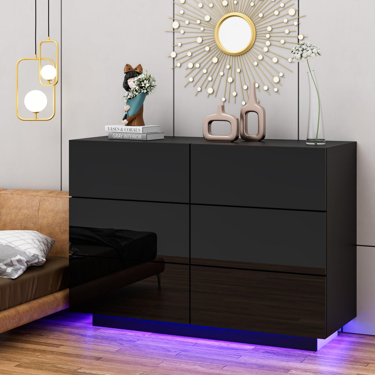 Anbuy LED 6 Drawer Double Dresser, Modern Dresser with High Gloss Drawers Dual Chest of Drawers Black Dresser for Bedroom with Lights (Black) Anbuy