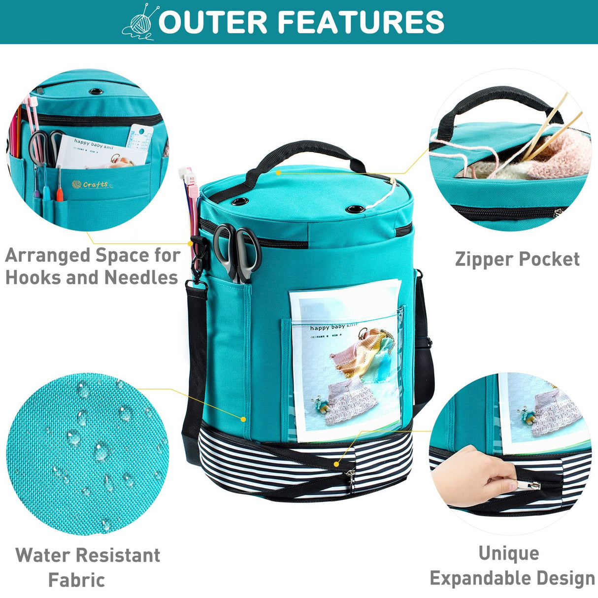 MYBAGZING Expandable Crochet Bag-Knitting Bag Yarn Storage Organizer - Yarn Bag and Crochet Tote, Yarn Holder for Crocheting, Crochet Accessories, Suppliers, Needles with Zipper Closure-Ideal Gift MYBAGZING