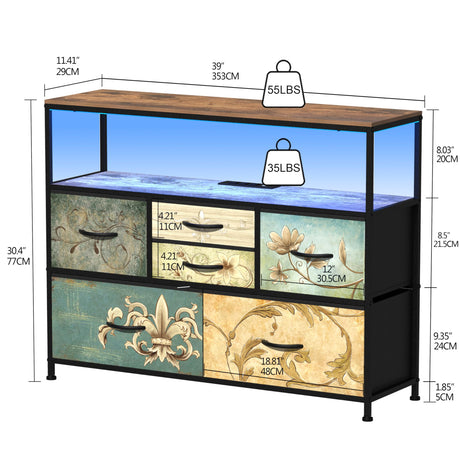 Tohomeor TV Stand with Power Oulet Dresser with Charging Station & LED Light Dresser with 6 Fabric Drawers for Living Room Storage Chest of Drawers Retro Dresser with Open Shelf Wooden Top Tohomeor