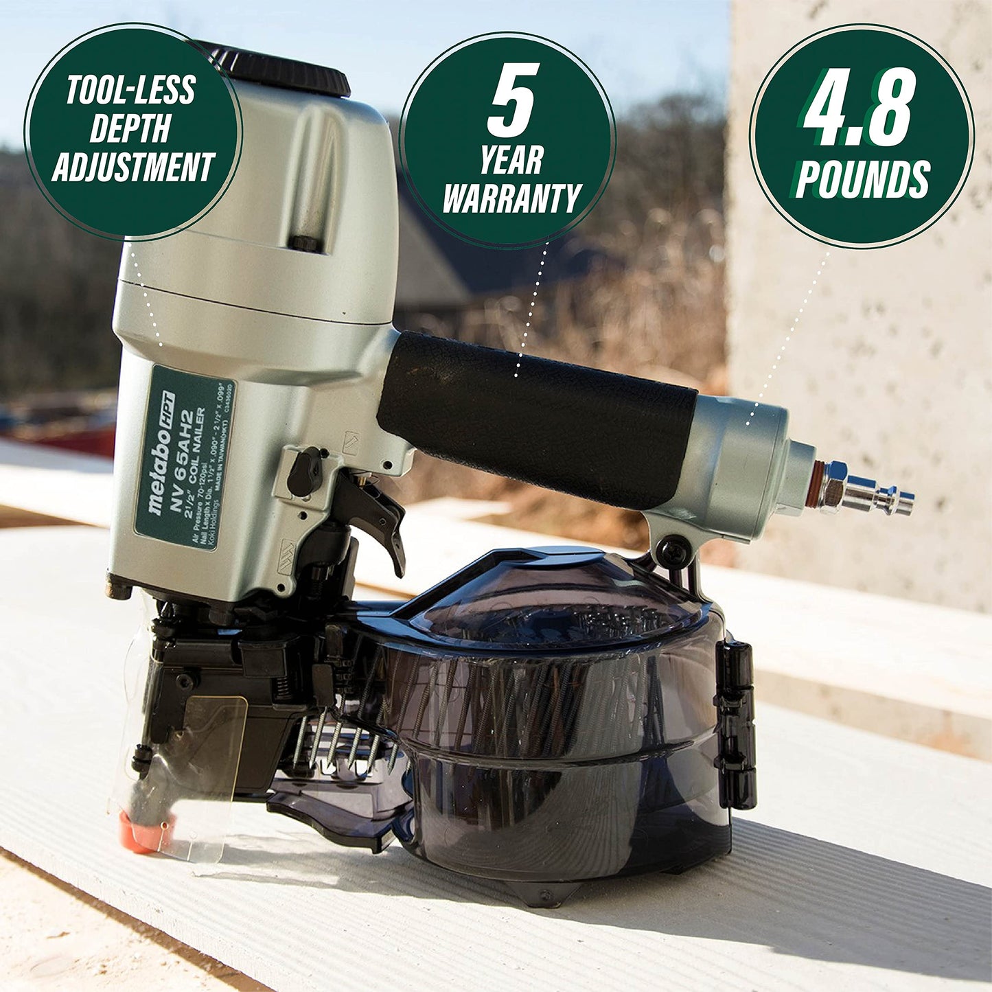 Metabo HPT Coil Siding Nailer, 1-1/2 inch to 2-1/2 inch Siding Nails, Side load, Tilt Bottom Magazine (NV65AH2) - WoodArtSupply