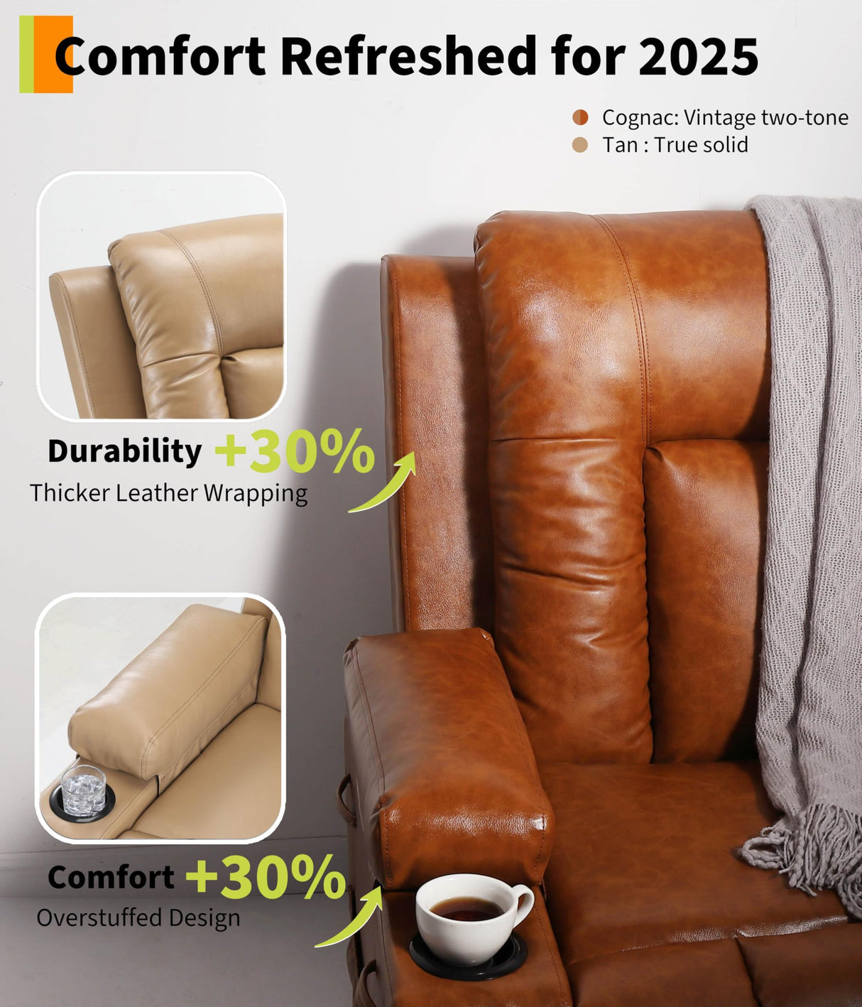 GarveeHome Electric Lift Recliner Chair - Heat and Massage, PU Leather Power Lift Recliner for Elderly & Mobility Impaired, Adjustable Back and Legs, Heavy Duty Lift Chair for Seniors GarveeHome