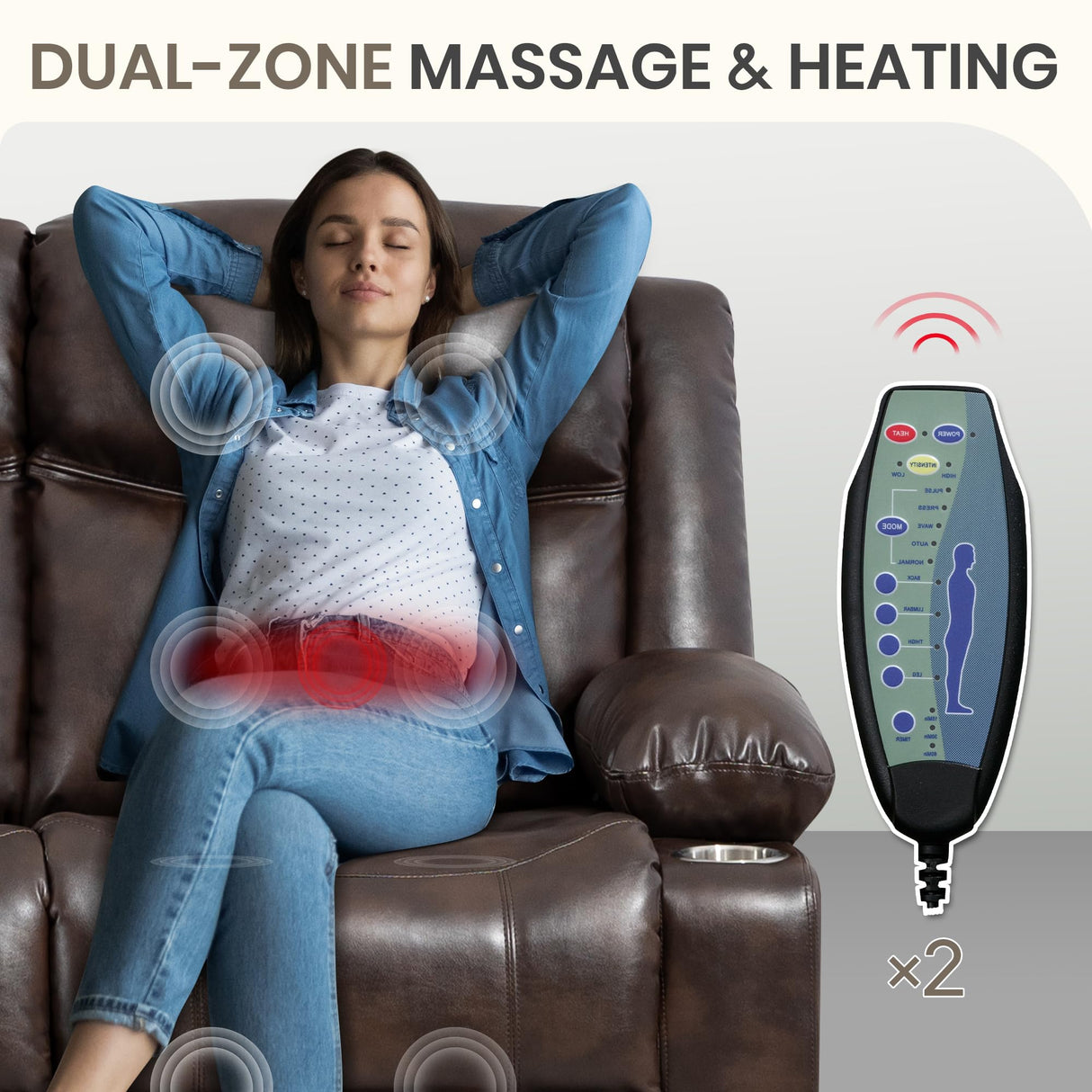 CALIVIA Manual Reclining 3-Seater Sofa with Heat & Massage, PU Leather Recliner Couch for Living Room, Faux Leather Upholstery, Deep Cushions & Sturdy Frame (Brown) CALIVIA