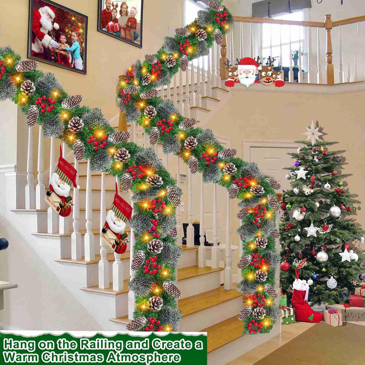 Auto Timer & 8 Modes 9Ft by 10 Inch 50 LED Prelit Christmas Garland Decorations Warm Lights Thick 270 Lifelike Snowy Tips 70 Red Berries 10 Pinecones Xmas Garland Fireplace Door Stairs Home Outdoor Camlinbo