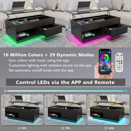 HOMMPA Lift Top Coffee Table with Storage LED Coffee Table Morden High Gloss Living Room 3 Tiers Modern Tea Table with Storage Center Tables Hidden Compartment & Open Shelve & Drawer Black HOMMPA