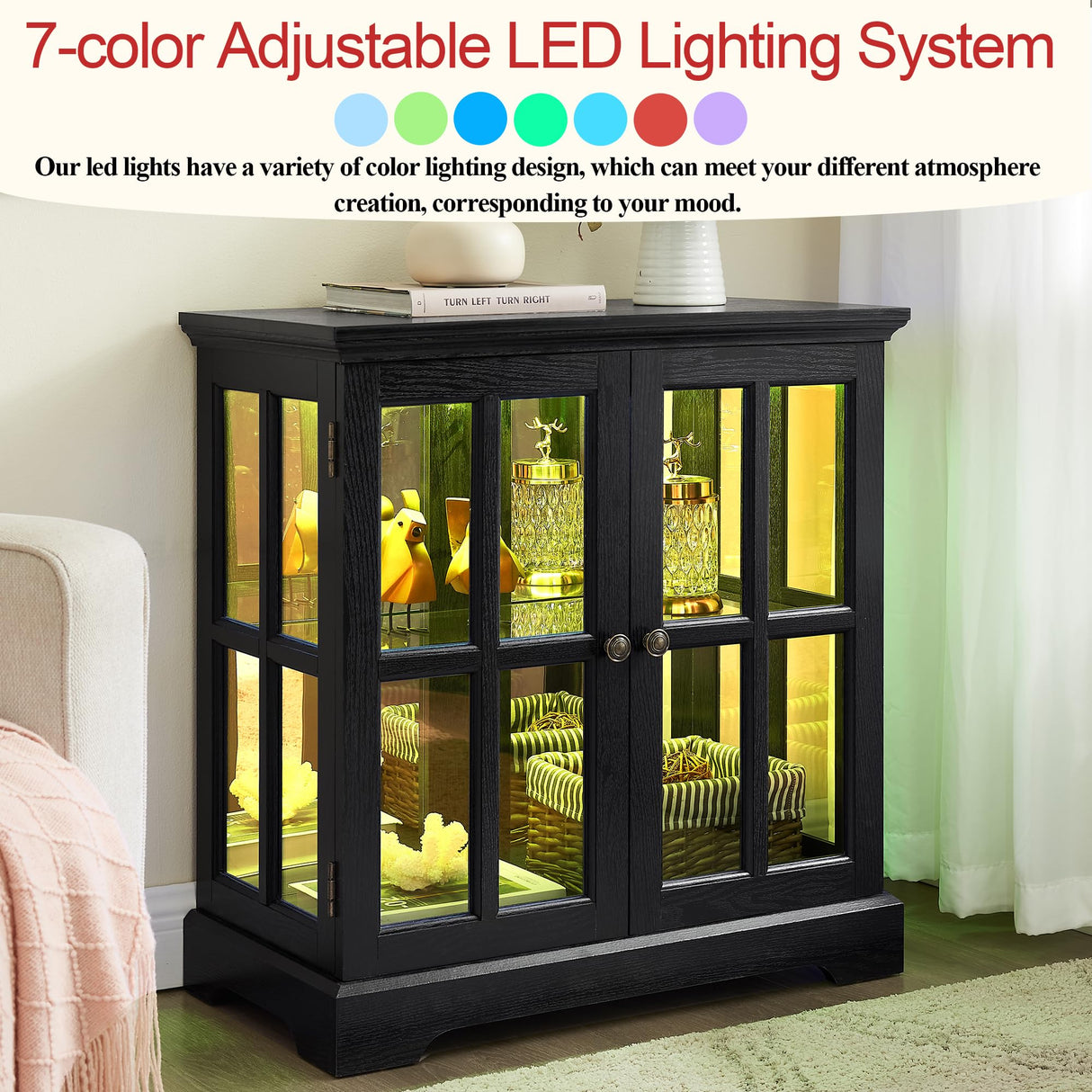 TRJQBCC 30" Glass Curio Display Storage Cabinet with LED Light, Modern 2 Lattice Doors Tableware Display Sideboard w/Adjustable Shelves, Retro Design Quality Showcase Bookcase for Home (Black) TRJQBCC