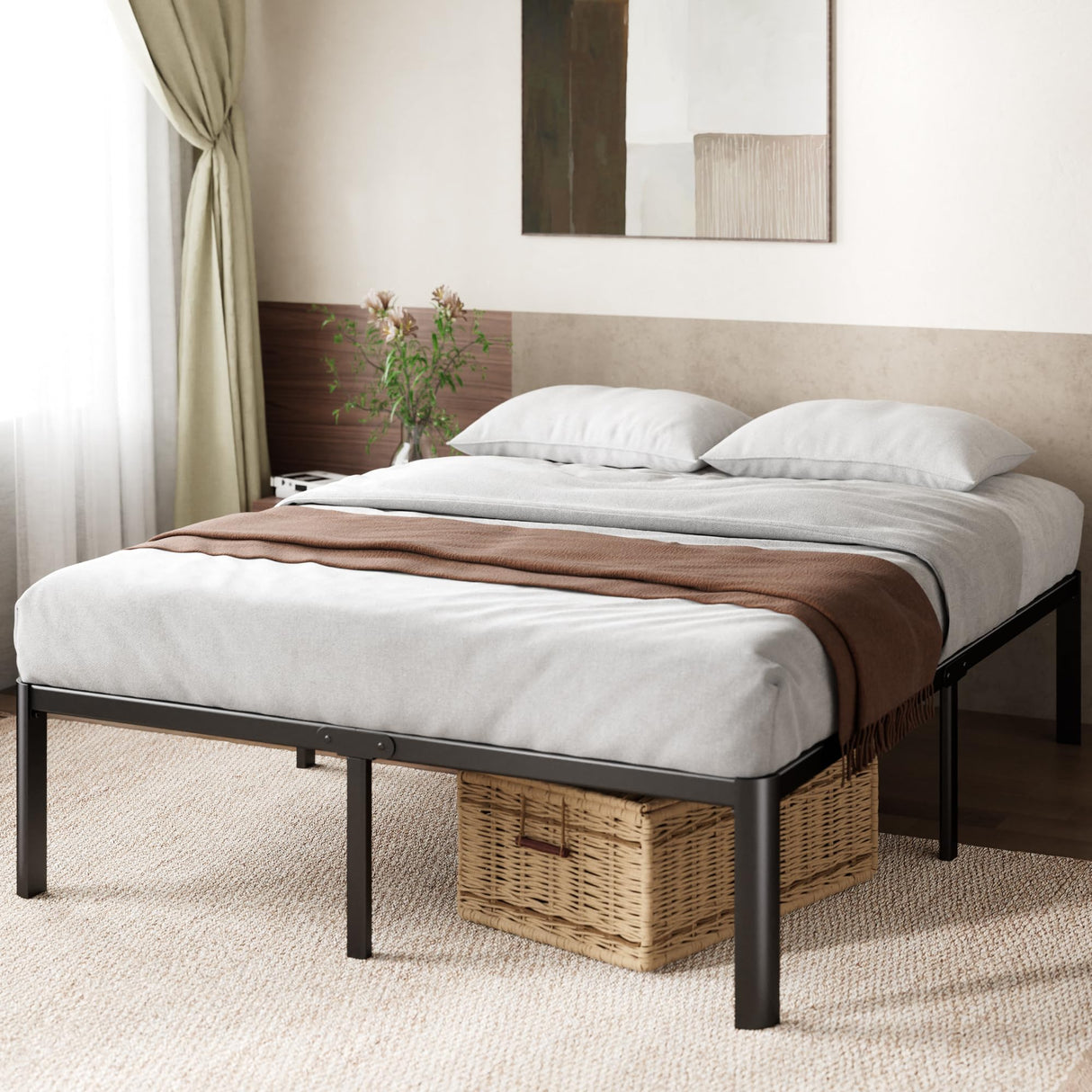 ZINUS Van 16 Inch Metal Platform Bed, Steel Slat Support, No Box Spring Needed, Eco Friendly WonderBox Packaging, Easy Assembly, Black, Queen ZINUS