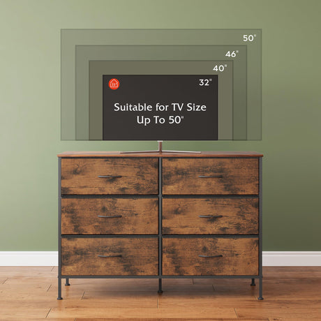 WLIVE Wide Dresser with 6 Drawers, TV Stand for 50 Inches TV, Entertainment Center with Metal Frame, Wooden Top, Fabric Storage Dresser for Bedroom, Hallway, Entryway, Rustic Brown Wood Grain Print WLIVE