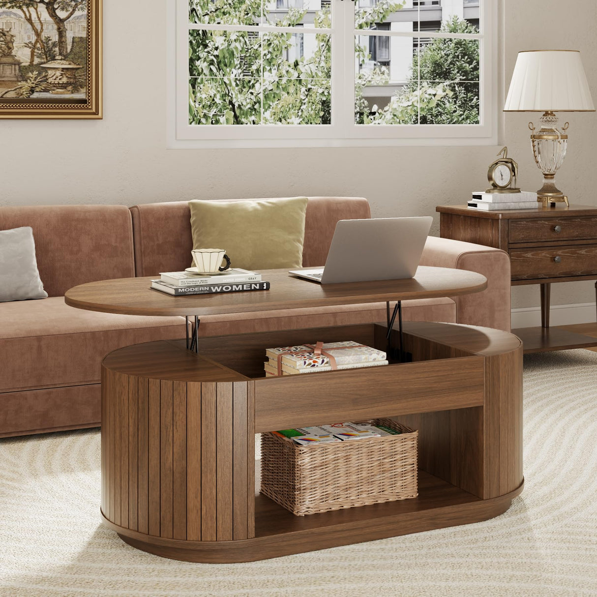 Lift Top Coffee Table, Oval Fluted Coffee Table with Storage for Living Room, Mid Century Modern Wooden Center Tables with 2 Tier Shelf, 43 Inch Tea Table Hidden Compartment for Home Office, Walnut Epecoya