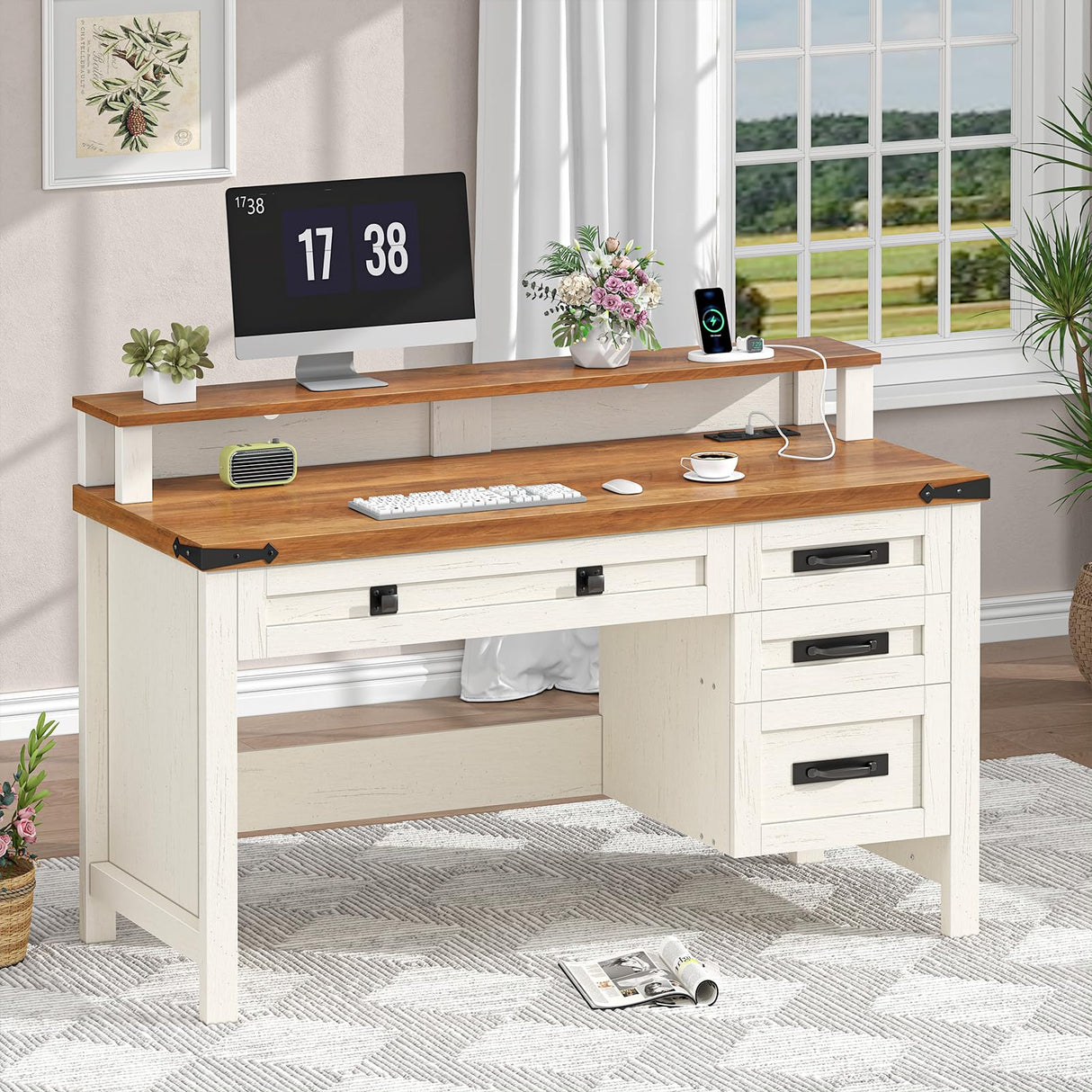YOMILUVE Farmhouse Executive Desk with Drawers, 47" Computer Desk with Power Outlets, Home Office Desk with Monitor Stand & 4 Drawers, Small Desk Writing Study Table, Antique White YOMILUVE