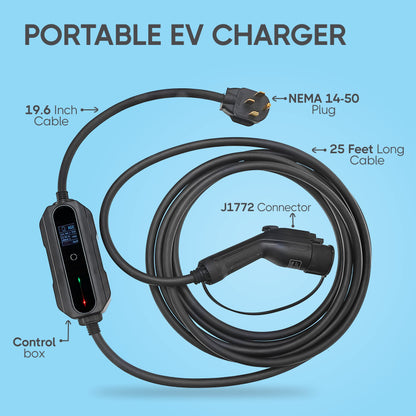 SBB Level 2 EV Charger, 32 Amp Adjustable NEMA 14-50 Extension Cord, 25ft Cable, 110V-240V Portable EV Charger with Dryer Plug Adapter, Electric Vehicle Charger Compatible with J1772 EV Cars - WoodArtSupply