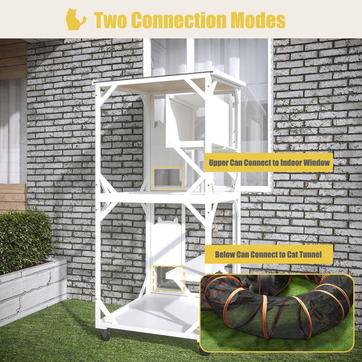 MODCART Catio Outdoor Cat Enclosure with Roof 71" Height Large Wooden Cat Cage with 3 Jumping Platforms and 1 Napping Houses for Cat Activity (White) MODCART