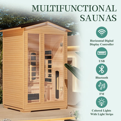 BNEHS Outdoor Sauna 2 Person,Full Spectrum Infrared Sauna,Home Sauna with 10 Minutes Warm Up Heating Tubes & Panels,Personal Wooden Sauna Room with Bluetooth Speaker,2050Watt - WoodArtSupply