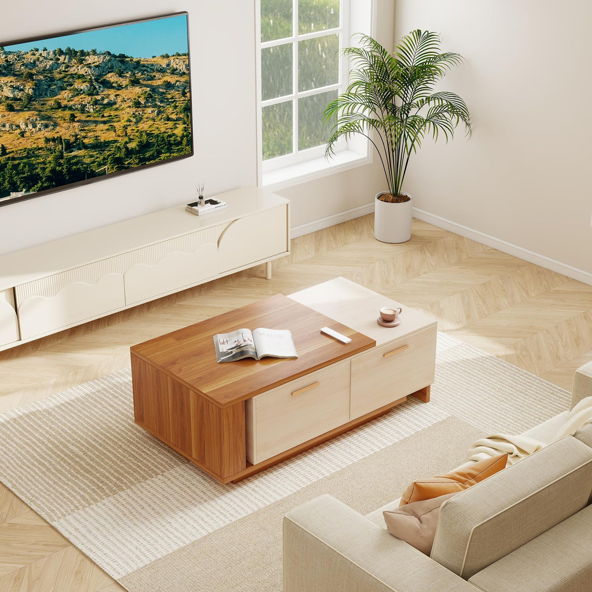 Aivermeil 42"- 65" Extendable Coffee Table with Storage, Reversible Wood Coffee Table with 2 Drawers, Two-Tone Large Adjustable Center Table for Living Room, Office (Walnut B) Aivermeil