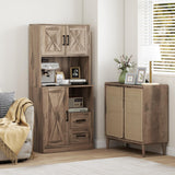 HOMCOM 60" Tall Kitchen Pantry Cabinet, Farmhouse Freestanding Hutch with Microwave Oven Countertop, Kitchen Storage Cabinet with Barn Doors & Drawers, Buffet with Adjustable Shelves, Gray Wash HOMCOM