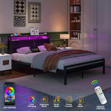 BOFENG Queen Metal Bed Frame with Storage Headboard, LED Lights & Charging Station BOFENG