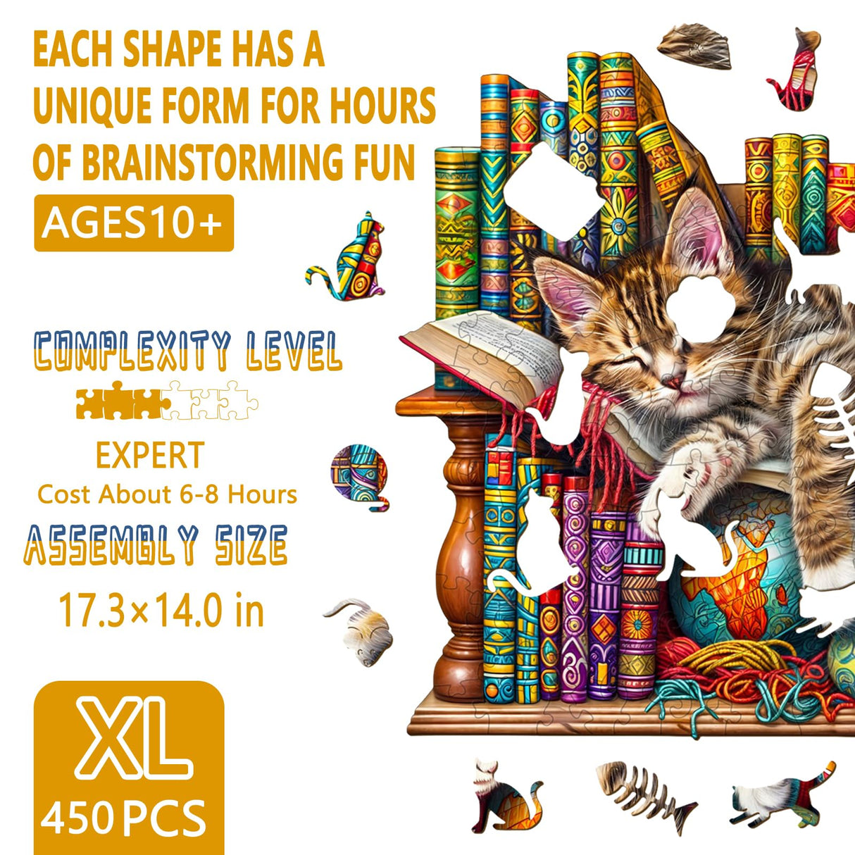 Wooden Puzzles for Adults, Snoozing Cat Wooden Jigsaw Puzzles for Adults, Library Kitten Wood Puzzles Adult, Unique Animal Shape, Gifts for Cat Lovers & Friends, Home Decor (XL -17.3 * 14in -450 pcs) Pijesaksa