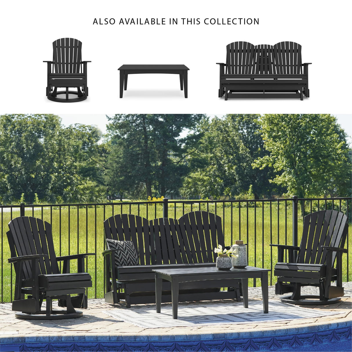 Signature Design by Ashley Hyland Wave Modern Weather Resistant HDPE Outdoor Glider Loveseat with Drop Down Table and 2 Cup Holders, Black Signature Design by Ashley