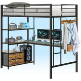 HOMCOM Metal Loft Bed Twin Size with L-Shaped Desk, LED Lights, Charging Station, for Teens Adults, Twin Loft Bed Frame with Fabric Drawers, Guardrail, Ladder, Noise Free, No Box Spring Needed, Black HOMCOM