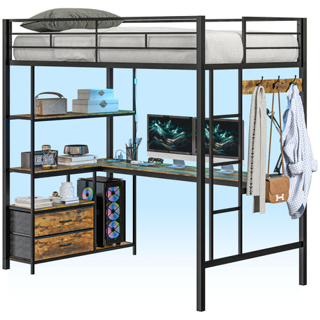 HOMCOM Metal Loft Bed Twin Size with L-Shaped Desk, LED Lights, Charging Station, for Teens Adults, Twin Loft Bed Frame with Fabric Drawers, Guardrail, Ladder, Noise Free, No Box Spring Needed, Black HOMCOM