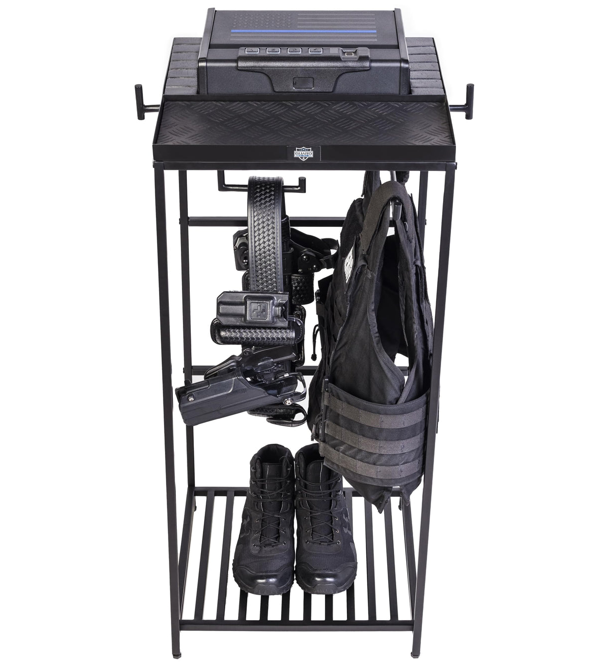 Guard The Line Tac Tower – Police Gear Rack with Quick Access Safe – American Flag Tactical Gear Stand – Law Enforcement Vest and Duty Belt Holder - Cop Caddy Valet Stand - Police Gift Guard The Line