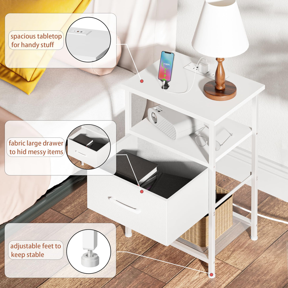 LAKEMID Nightstands Set of 2 with Fast Charging Station and Drawer, End Table Bedside Table with 20 Colors LED Light Strip and 2 Layers Shelf for Bedroom Living Room Sofa Couch (White) LAKEMID