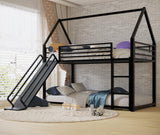 AEMSOFK Twin Over Twin Bunk Bed with Slide,House Shaped Bedframe w/Ladder, Heavy Duty Low Bunk Bed Frame with Guardrail,No Box Spring Needed & Easy Assemble(Black) AEMSOFK