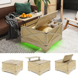 HAIOOU Farmhouse Coffee Table with Storage,Square Lift Top Coffee Table for Living Room with LED Light,Small Rustic Center Table for Small Space Bedroom Home Office(Natural,Rattan) HAIOOU