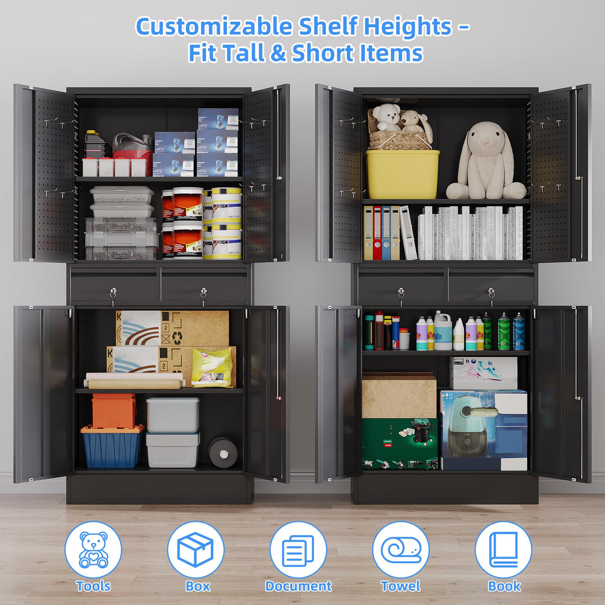 JAORD Metal Storage Cabinet with 2 Drawers and Pegboard, Garage Storage Cabinet with Locking Doors and 2 Adjustable Shelves, 71" H Steel Cabinets for Garage, Home, Office, School, Black JAORD