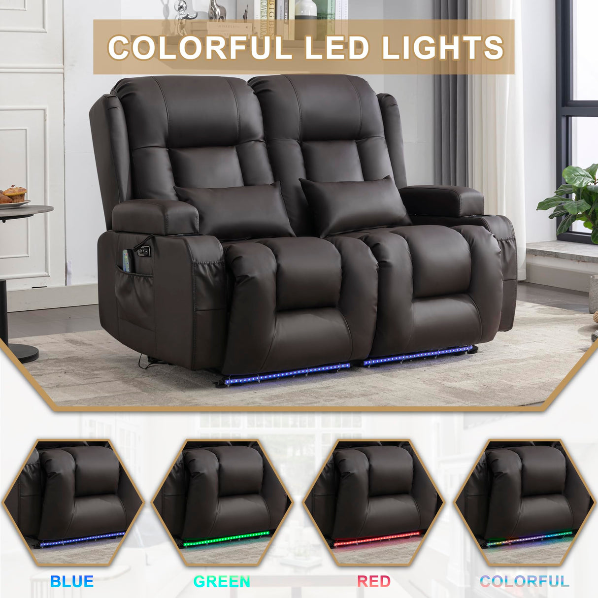 URRED Loveseat Recliner Sofa with Massage and Heat, Power Reclining Loveseat Sofa RV Couch Home Theater Seating with LED Lights, Cup Holders, Side Pockets, USB, Pillows, Faux Leather, Dark Brown URRED