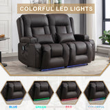 URRED Loveseat Recliner Sofa with Massage and Heat, Power Reclining Loveseat Sofa RV Couch Home Theater Seating with LED Lights, Cup Holders, Side Pockets, USB, Pillows, Faux Leather, Dark Brown URRED