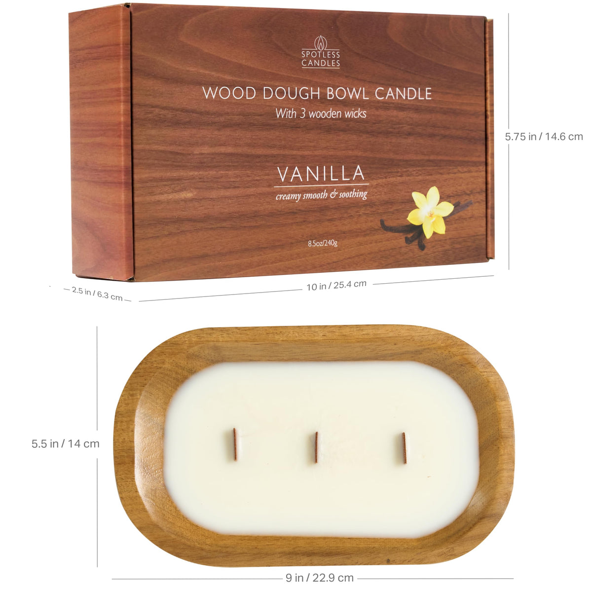 Spotless Leopard Pure Vanilla Bowl Candle -Vanilla Wooden Dough Bowl Candle Three Wooden Wicks - 240g (8.5 oz) in Gift Box and Protective Shipping Box Gift for Her Spotless Leopard