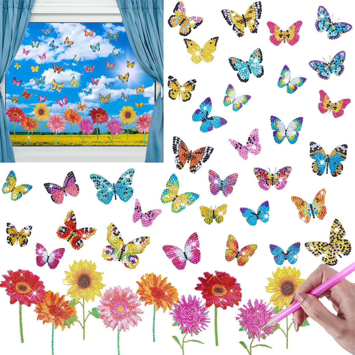 Tenceur 44 Pcs Diamond Art Window Clings Diamond Sun Painting Stickers Butterfly Flower Stained Glass Painting Kit, DIY Stickers Gem Art for Adults Home Decor, Anti Collision Birds Decals Tenceur
