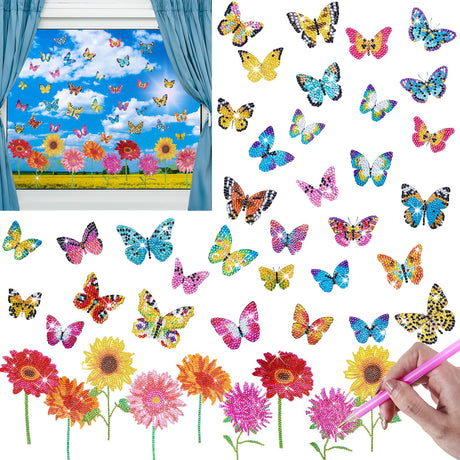 Tenceur 44 Pcs Diamond Art Window Clings Diamond Sun Painting Stickers Butterfly Flower Stained Glass Painting Kit, DIY Stickers Gem Art for Adults Home Decor, Anti Collision Birds Decals Tenceur