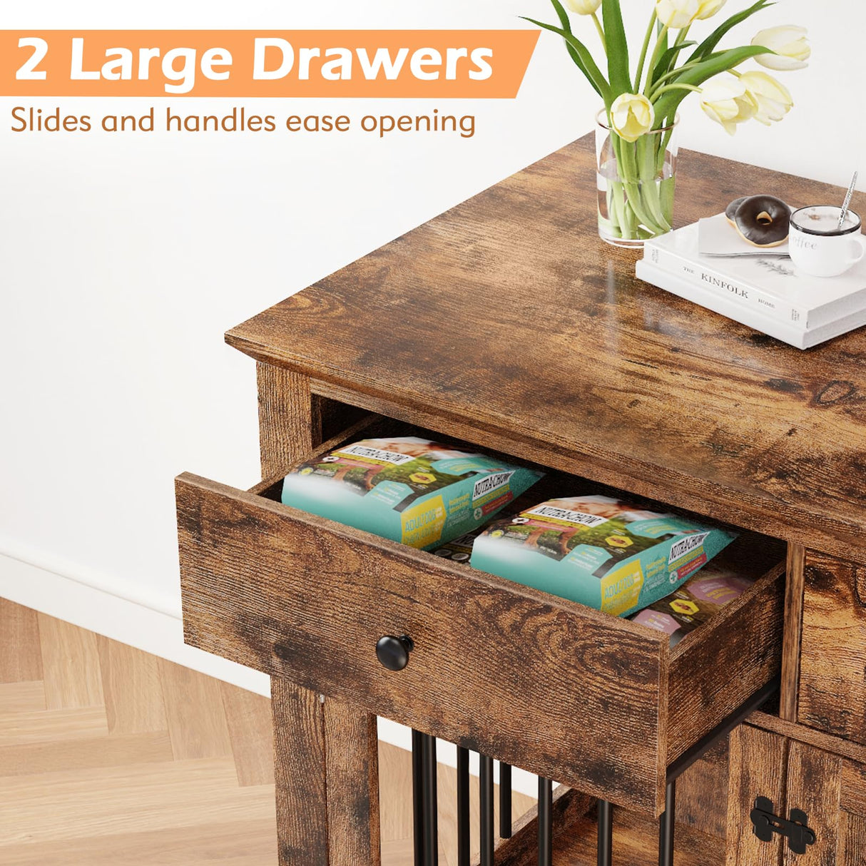 Dog Crate Furniture, 44 Inch Wooden Dog Kennel Furniture Indoor with 2 Storage Drawers, Heavy Duty Large Dogs Crate Furniture, Cage & House Furniture for Small Medium Large Dogs, Brown VENDORZ