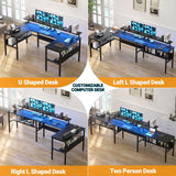 Hyomdeck Customizable U Shaped Desk & L Shaped Office Desk with Adjustable Monitor Stand, RGB LED Lights and Power Outlets, Sturdy Reversible L Shape Hyomdeck
