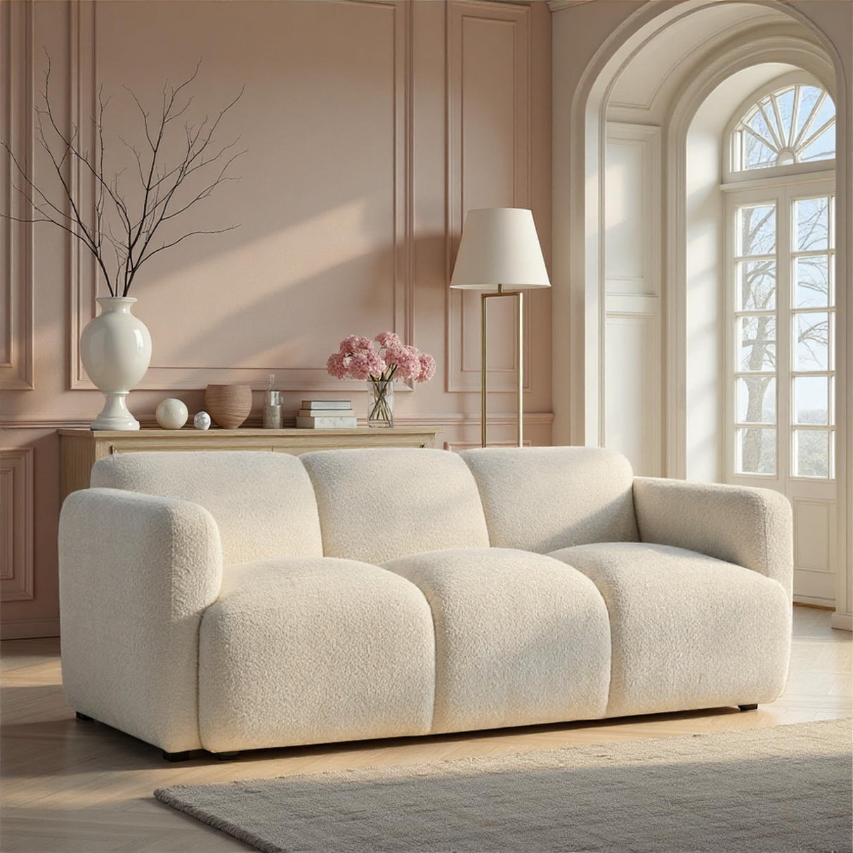 Sierra Modern 83 in. Ivory Boucle Handcrafted Contemporary Sofa for Living Room or Couch for Family Room with Rounded Arms Armen Living
