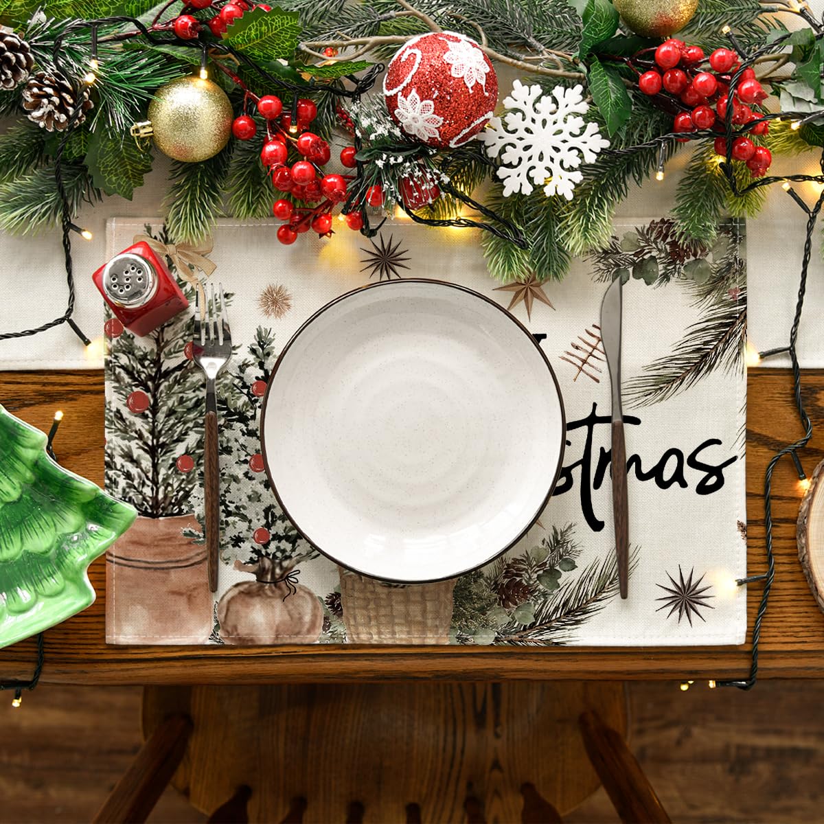 Artoid Mode Xmas Trees Holly Pine Cone Merry Christmas Placemats Set of 4, 12x18 Inch Seasonal Winter Holiday Table Mats for Party Kitchen Dining Decoration Artoid Mode