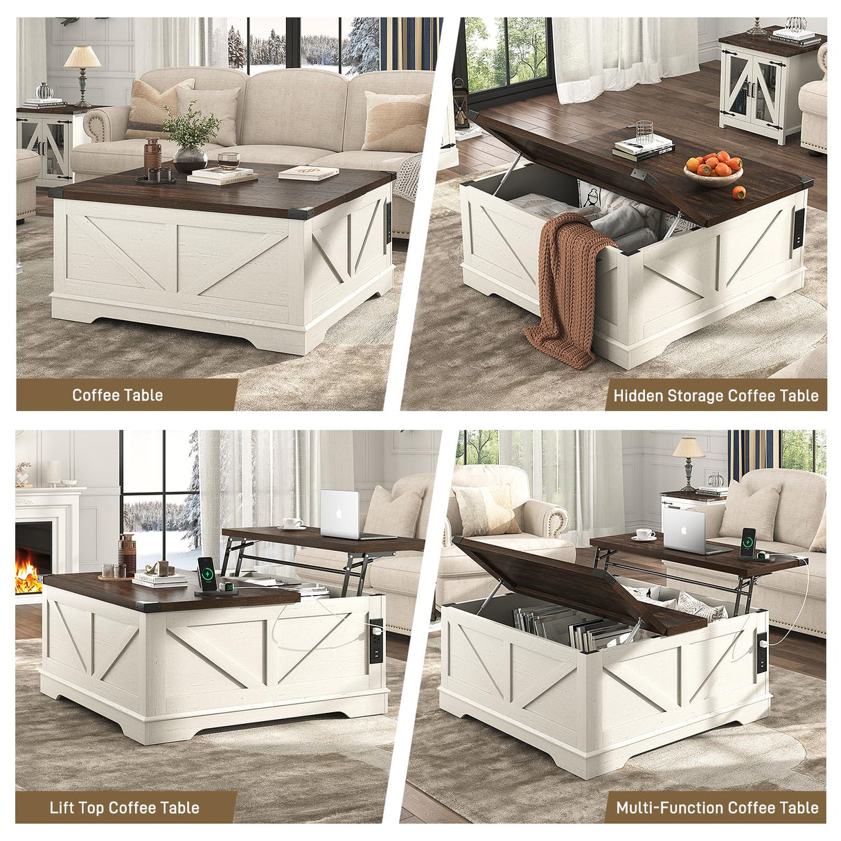 Hlivelood 40” Large Farmhouse Lift Top Coffee Table with Power Outlets and Large Hidden Storage, Square Wood Living Room Tables, Multi-Function Lift Wooden Barn Door Center Table, Rustic White Hlivelood