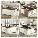 Hlivelood 40” Large Farmhouse Lift Top Coffee Table with Power Outlets and Large Hidden Storage, Square Wood Living Room Tables, Multi-Function Lift Wooden Barn Door Center Table, Rustic White Hlivelood