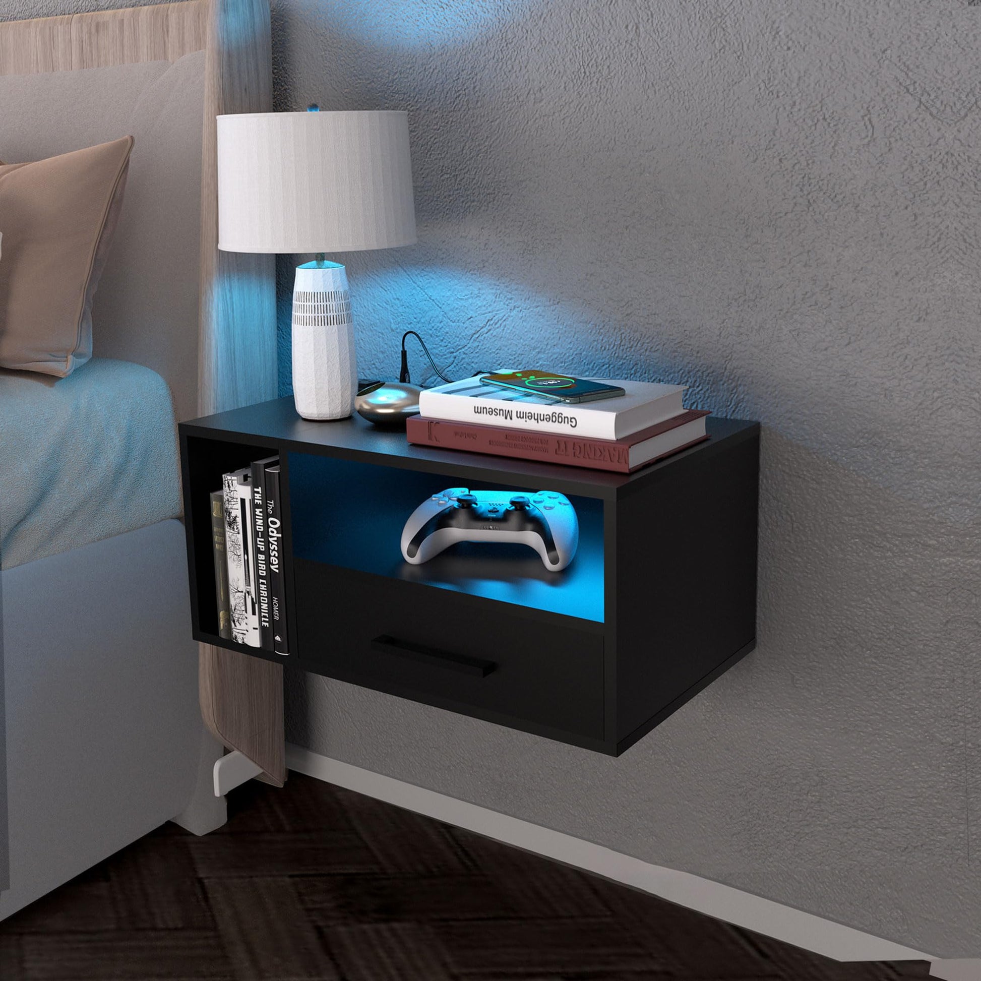 Bloddream Floating Nightstand with Charging Station and LED Light Strips, 21.3" Night Stand with Drawers, Floating Bedside with USB Ports and Outlets, Bedroom Furniture, Black - WoodArtSupply