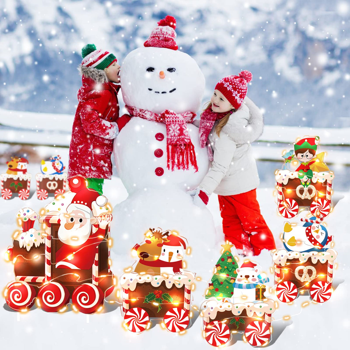 Christmas Train Decorations Yard Signs with LED Lights - Christmas Tree Santa Elf Snowman Train Set Lawn Signs with Stakes for Holiday Xmas Lawn Garden Yard Decorations Outdoor, 5 Pack OuMuaMua