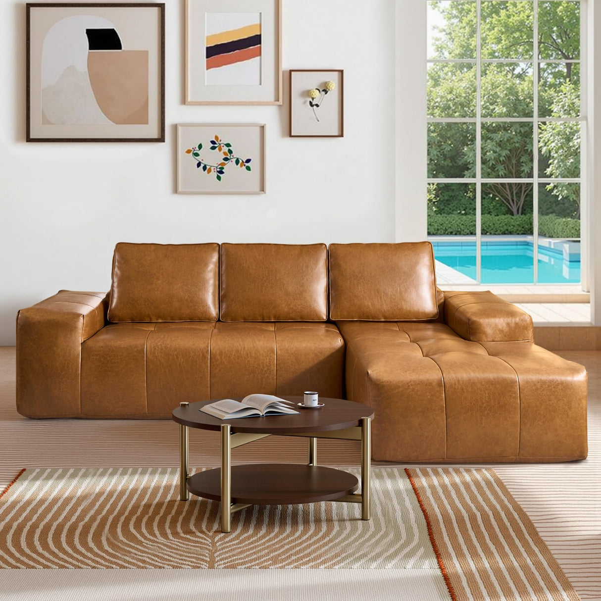 CAODOC 114" Leather Sectional Couch with Comfy Chaise, Boneless L Shape Sofa with Deep Seat, Minimalist Modular Couches Sleeper for Living Room Lounge,Brown CAODOC