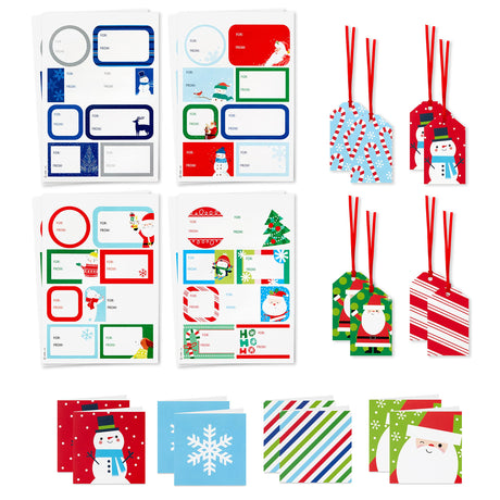 Hallmark Christmas Gift Tags with Ribbon, Sticker Seals, and Mini Notecards (Santa, Snowman, Stripes, Red, Green, Blue) for Gift Bags and Wrapped Presents Hallmark