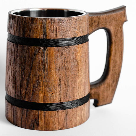Old Style Viking Beer Mug Wooden Handmade Retro Brown Cup, Oak Beer Tankard - Wood Carving Beer Mug of Wood Eco Friendly Beer Mug for Men, Wooden Beer Tankard - Great Gift Idea Etno Motif