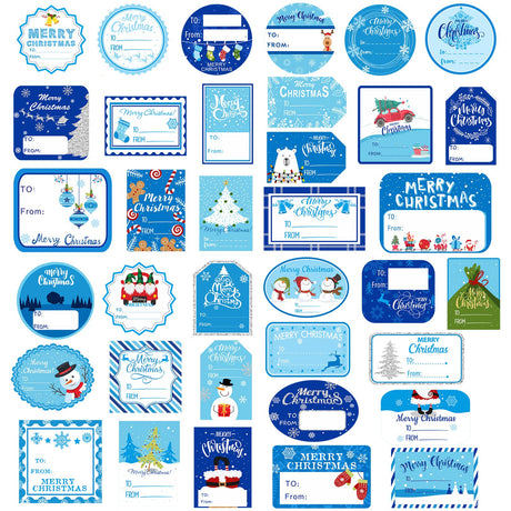 144 Pieces Christmas Labels Stickers Blue Christmas Name Tags Stickers Self Adhesive Gift Sticker Merry Christmas Snowmen Xmas Tree Gift Tags for Holiday Presents Envelope Package Decor Marspark