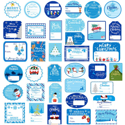 144 Pieces Christmas Labels Stickers Blue Christmas Name Tags Stickers Self Adhesive Gift Sticker Merry Christmas Snowmen Xmas Tree Gift Tags for Holiday Presents Envelope Package Decor