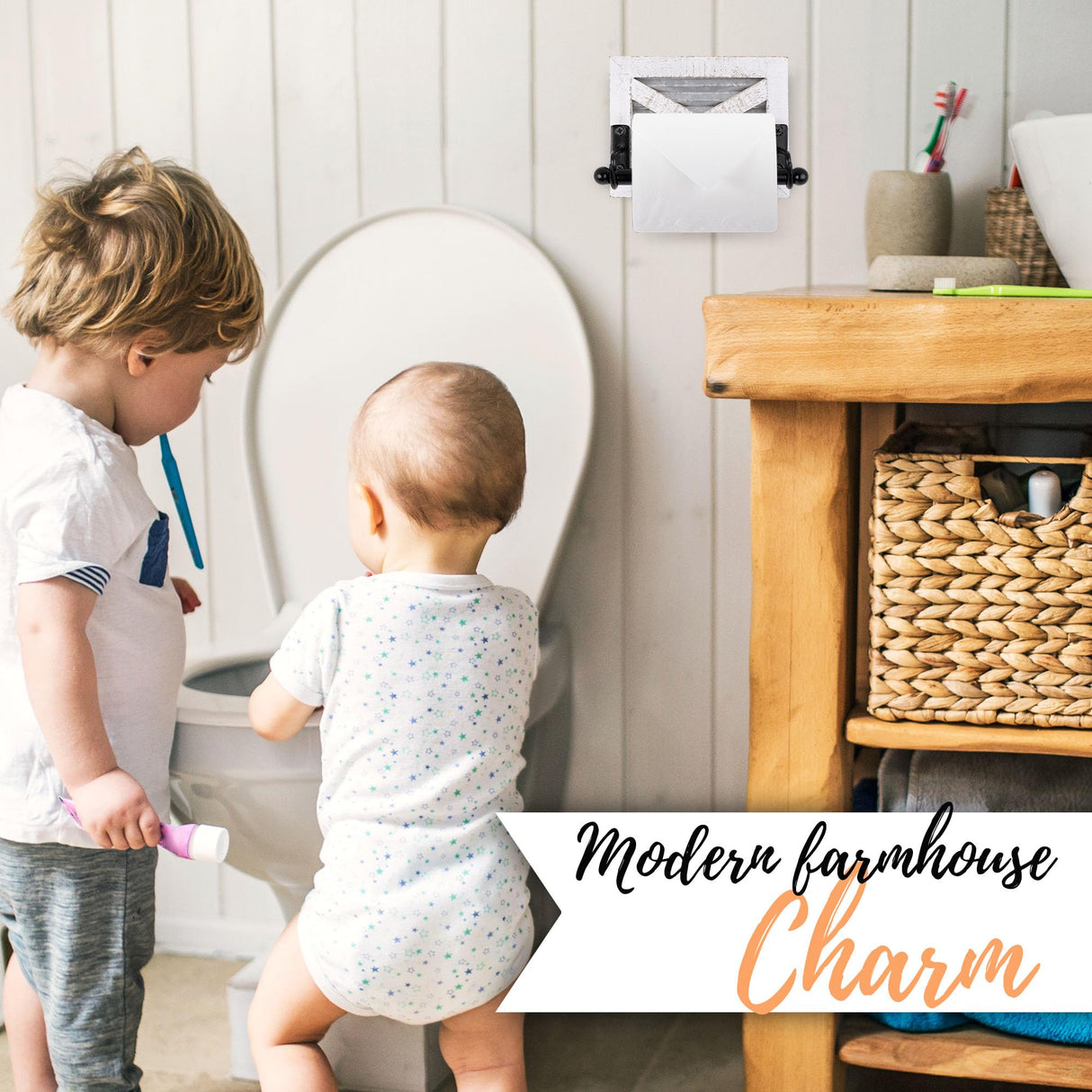 Autumn Alley White Farmhouse Toilet Paper Holder Wall - Farmhouse Bathroom Decorative Accessories Country - White Washed Wood, Galvanized Metal & Matte Black Metal - Adds Rustic Bathroom Charm Autumn Alley