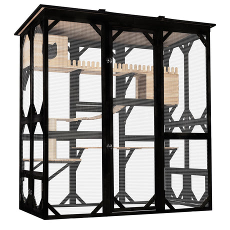 Catio Outdoor Cat Enclosure Wooden Cat House for Mulitiple Cats Walk-in Cage Window Acess with Heavy Duty Weather-Proof Asphalt Roof nicedday