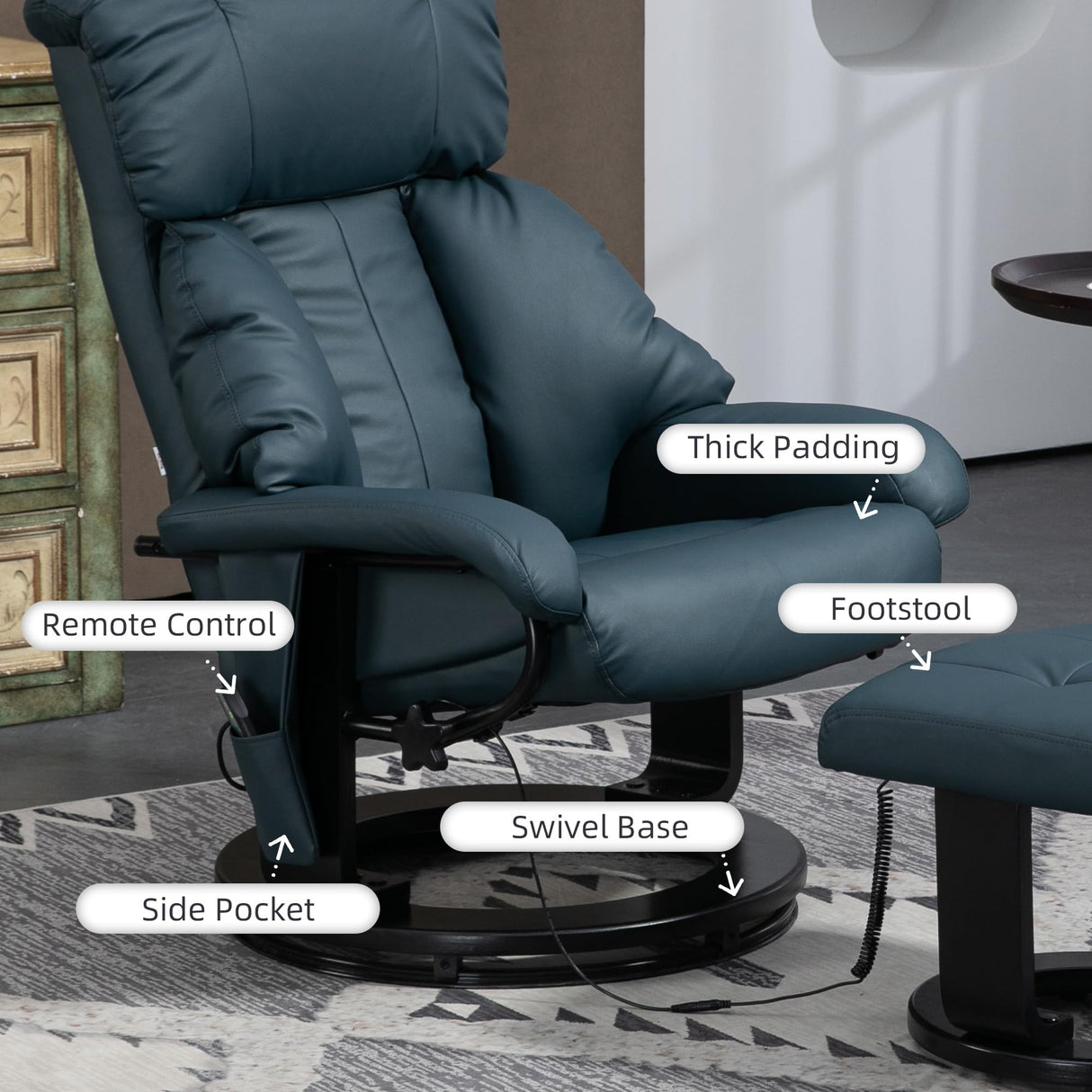 HOMCOM Massage Recliner Chair with Ottoman, 360° Swivel Recliner and Footstool, 10 Point Vibration, PU Leather Reclining Chair with Side Pocket and Remote Control, Blue HOMCOM